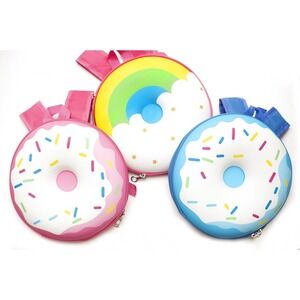 rainbow donut hard shell mini backpack blue, pink, clouds